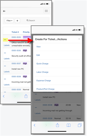 Tickets list Actions Web Mobile
