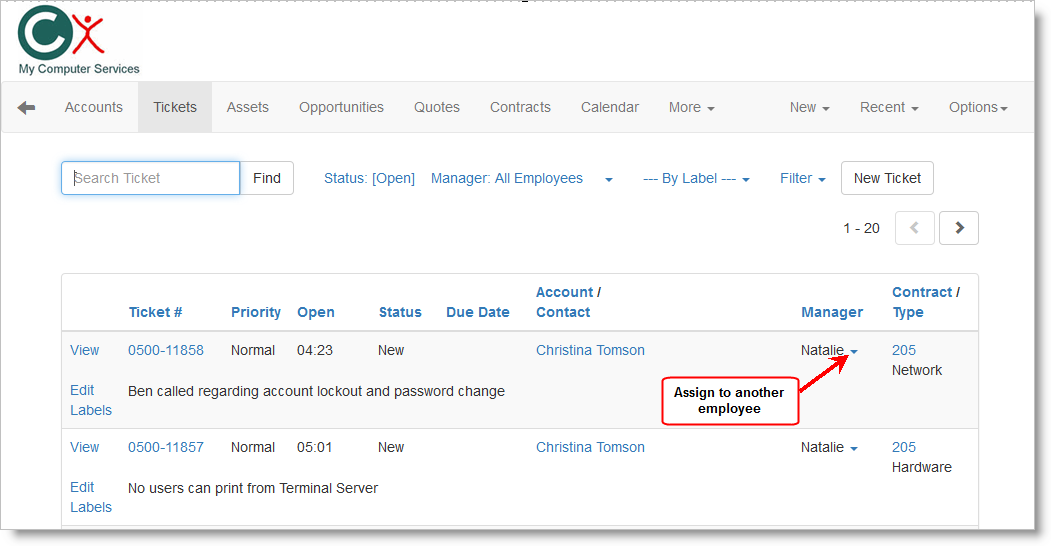 Web Interface assign the Ticket to another employee