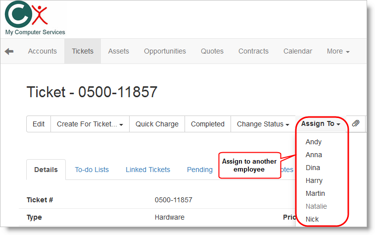 Web Interface assign the Ticket to another employee
